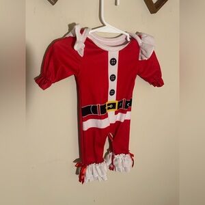 Santa Jumpsuit w Matching Hat and Ruffle & Ribbon Detail